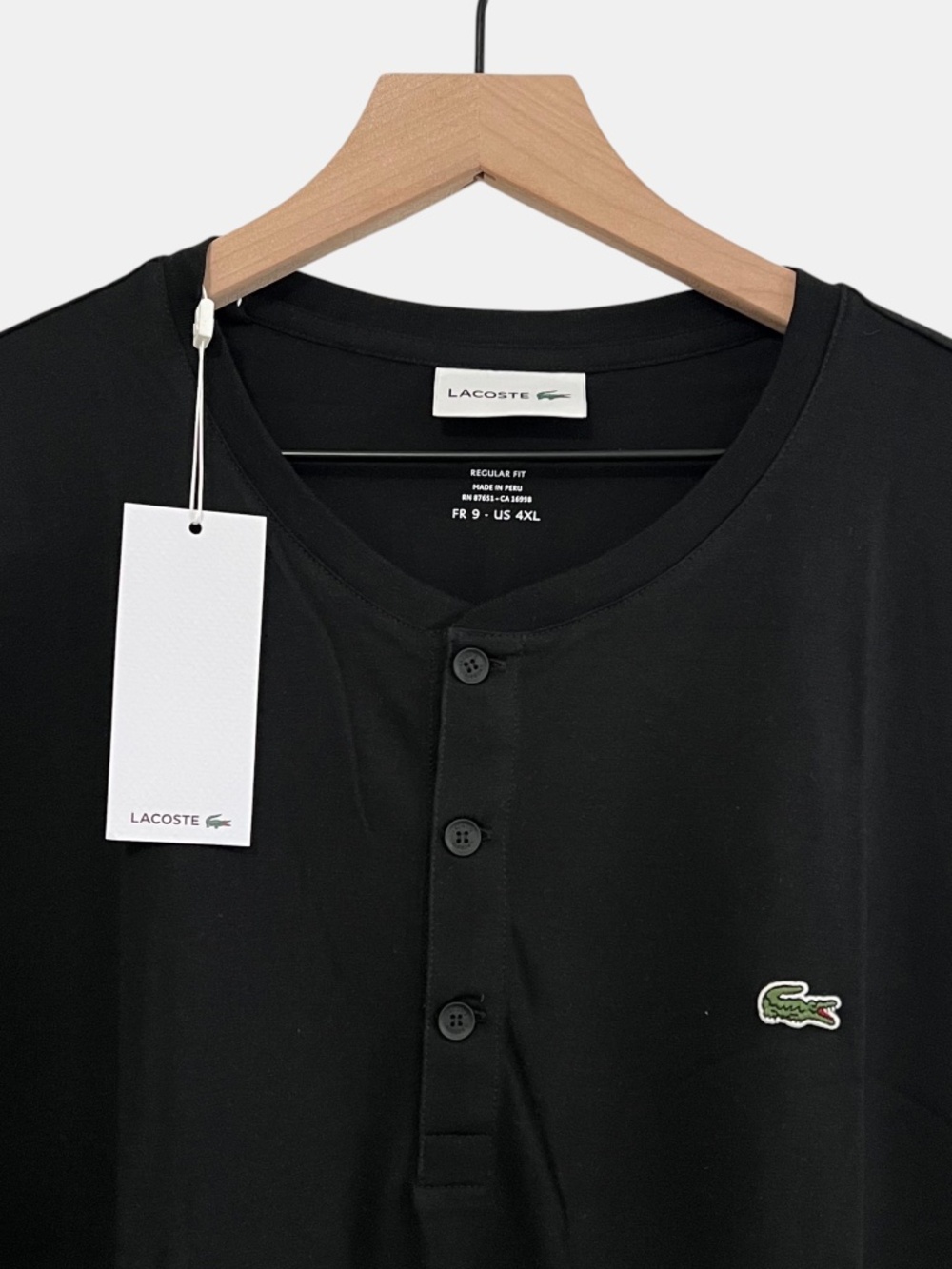 Lacoste Men's Henley T-Shirt 4XL Black Regular Fit Pima Cotton 3 Button NWT